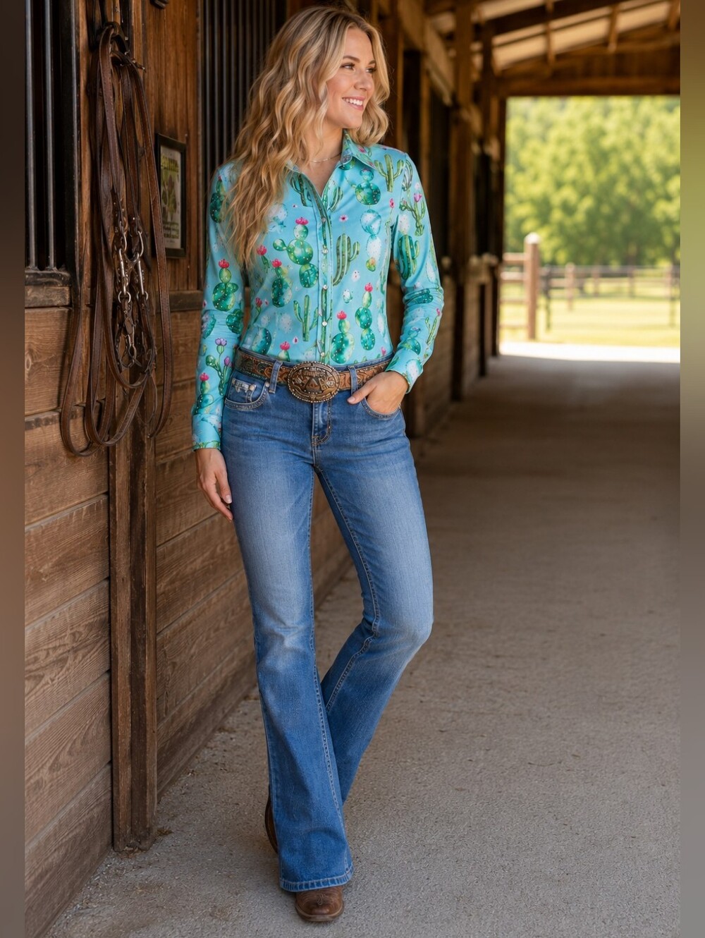 RANCH DRESS'N Fallon Taylor "Watercolor Cactus"  Performance shirt sz Medium euc